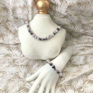 NEW Amethyst/Purple Quartz & White Quartz Beaded Necklace + Stretch Bracelet